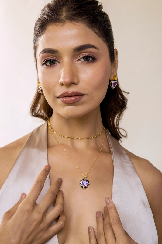 Amethyst & Citrine Embellished Heart Pendant Necklace 