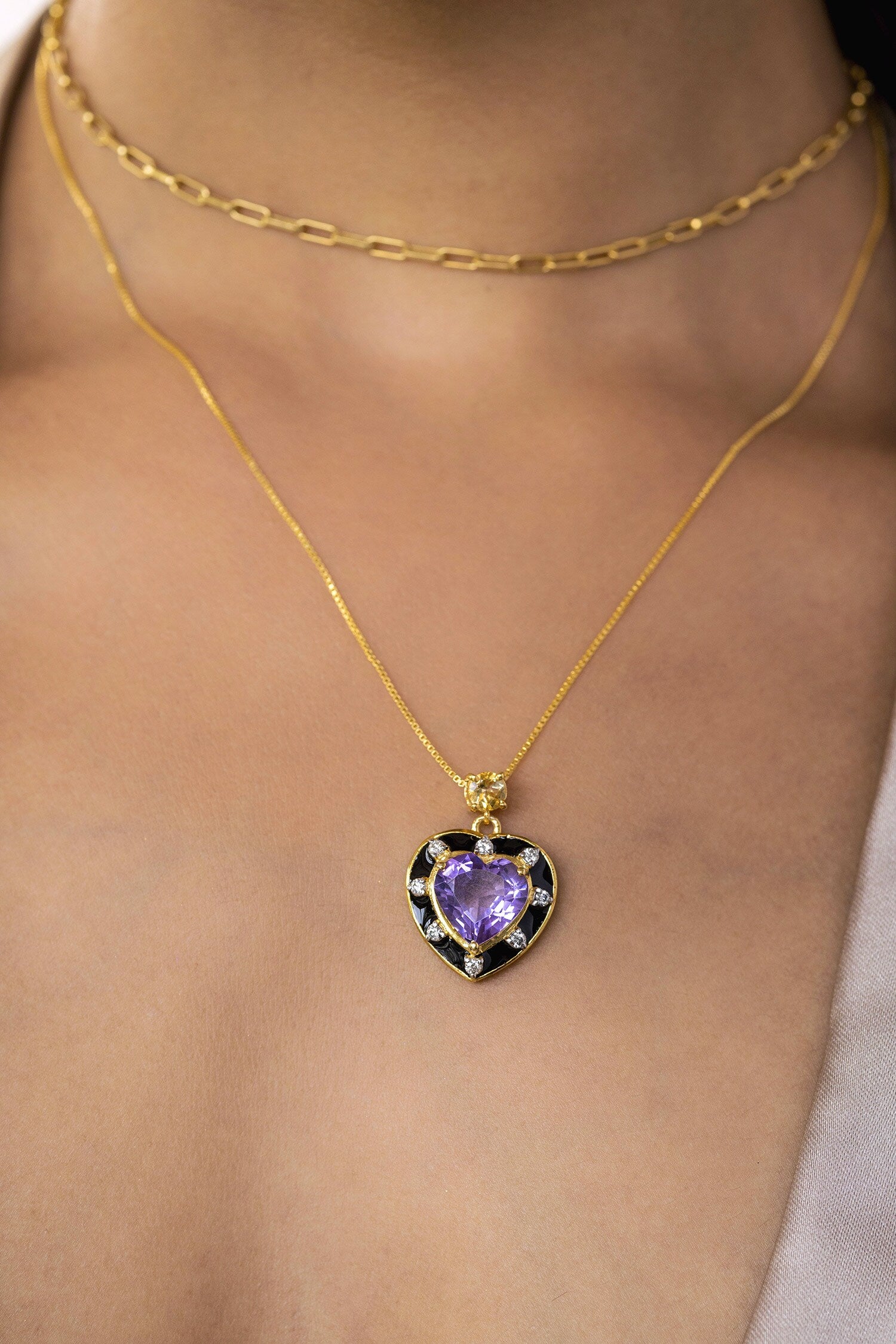 Amethyst & Citrine Embellished Heart Pendant Necklace 
