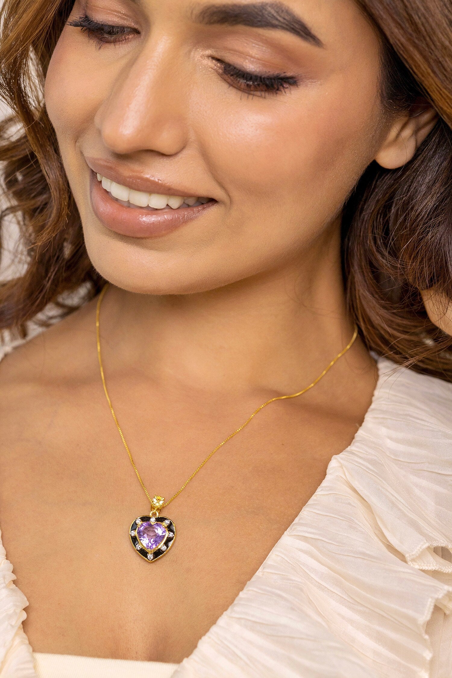 Amethyst & Citrine Embellished Heart Pendant Necklace 