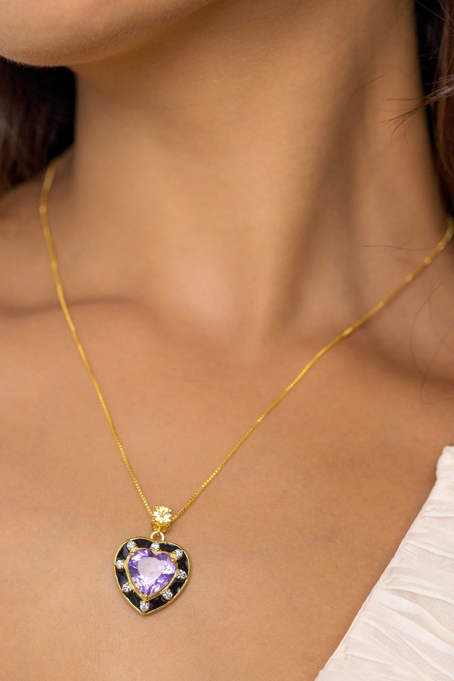 Amethyst & Citrine Embellished Heart Pendant Necklace 