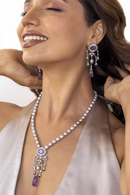 Deco Amethyst Embellished Pendant Necklace Set 