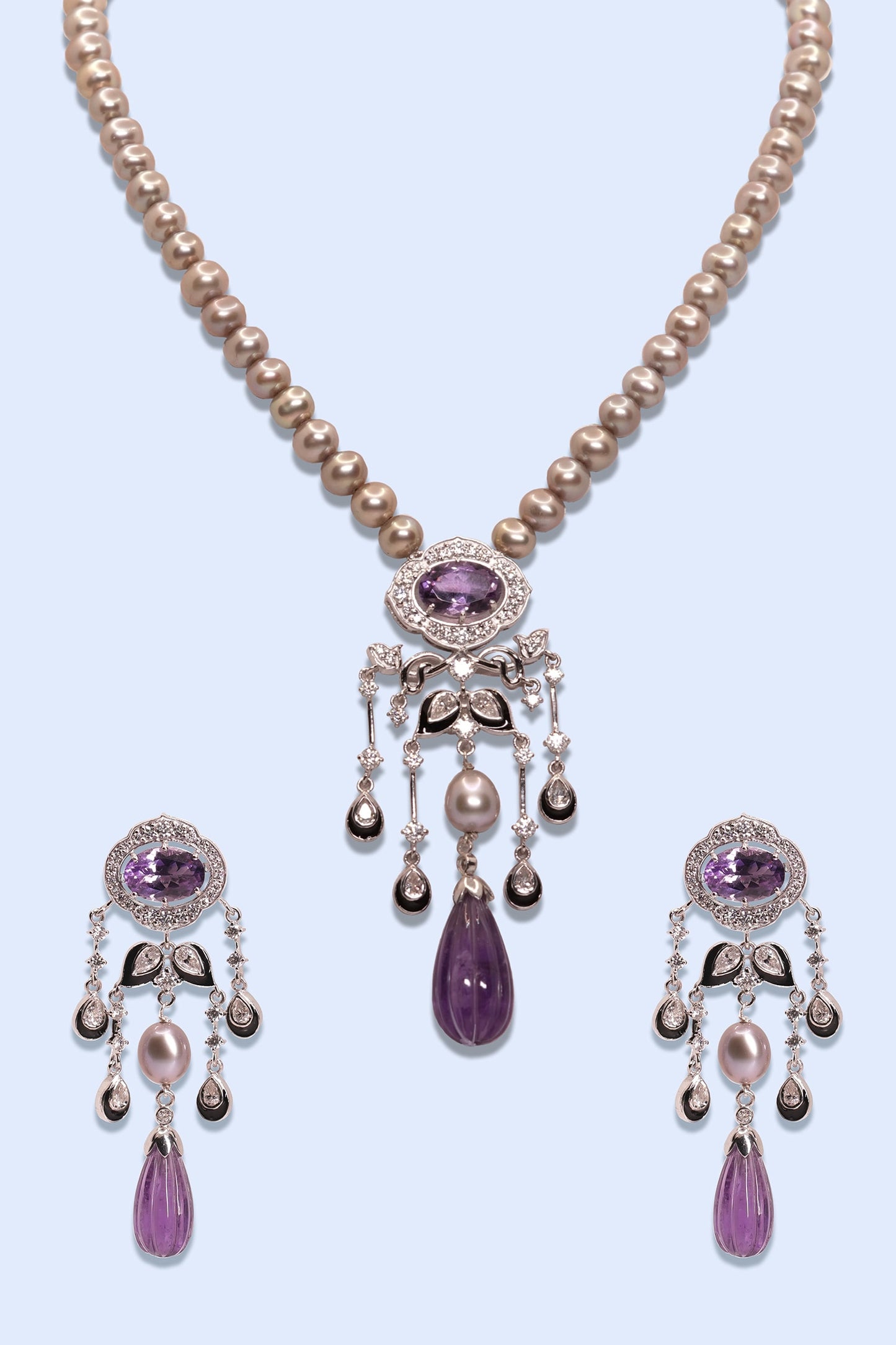 Deco Amethyst Embellished Pendant Necklace Set 