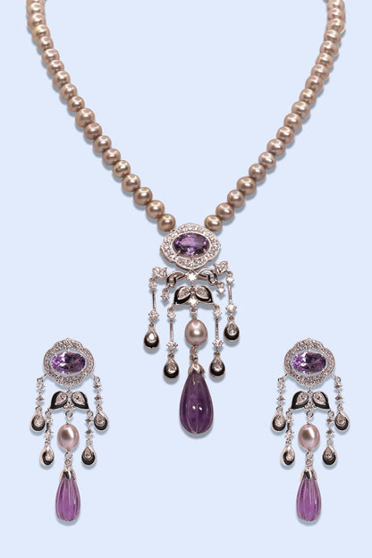 Deco Amethyst Embellished Pendant Necklace Set 