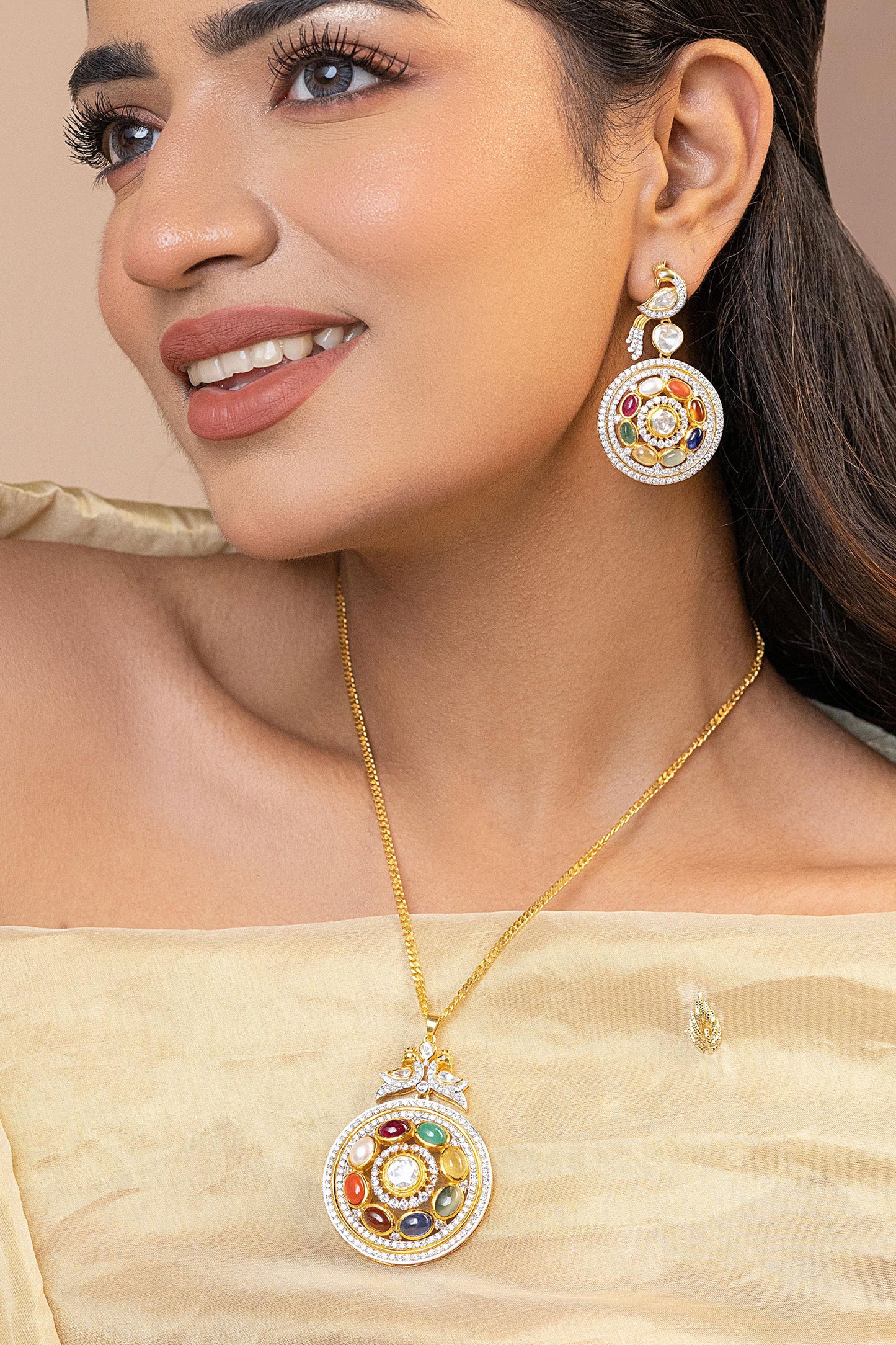 Amira Navratna Stone Embellished Pendant Necklace 