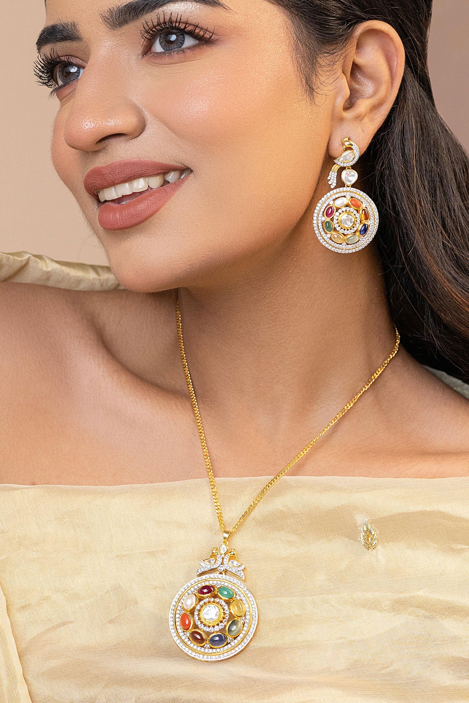 Amira Navratna Stone Embellished Pendant Necklace 