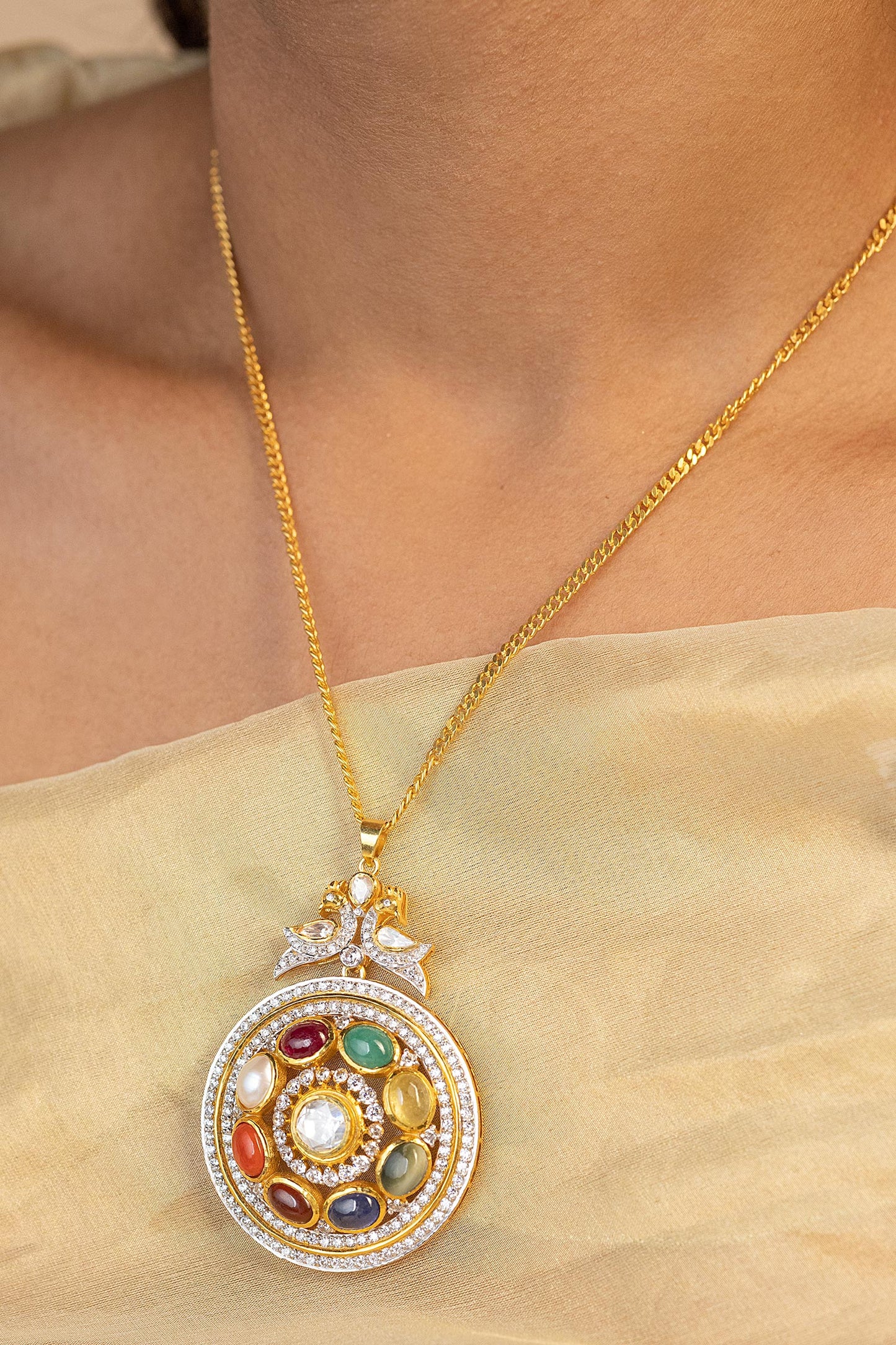 Amira Navratna Stone Embellished Pendant Necklace 
