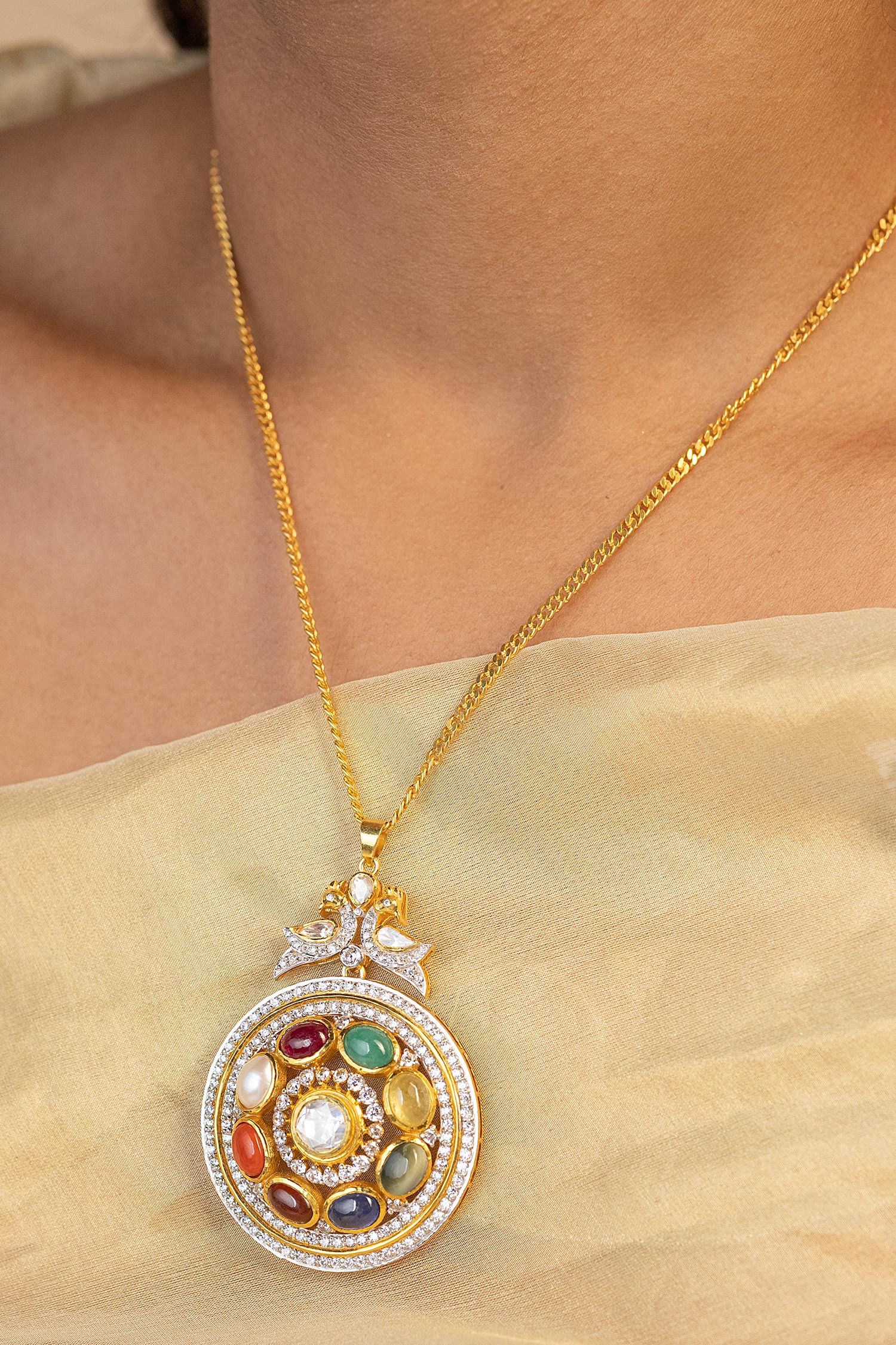 Amira Navratna Stone Embellished Pendant Necklace 