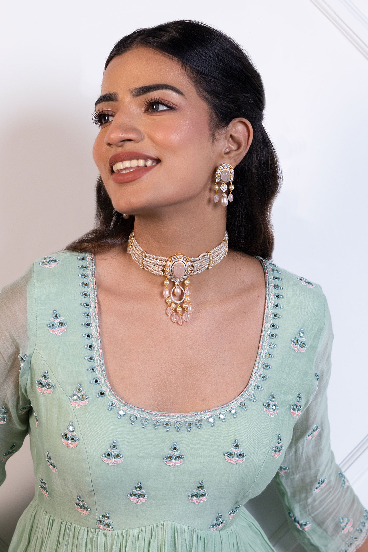 Nasrin Pearl Layered Embellished Pendant Choker Set 