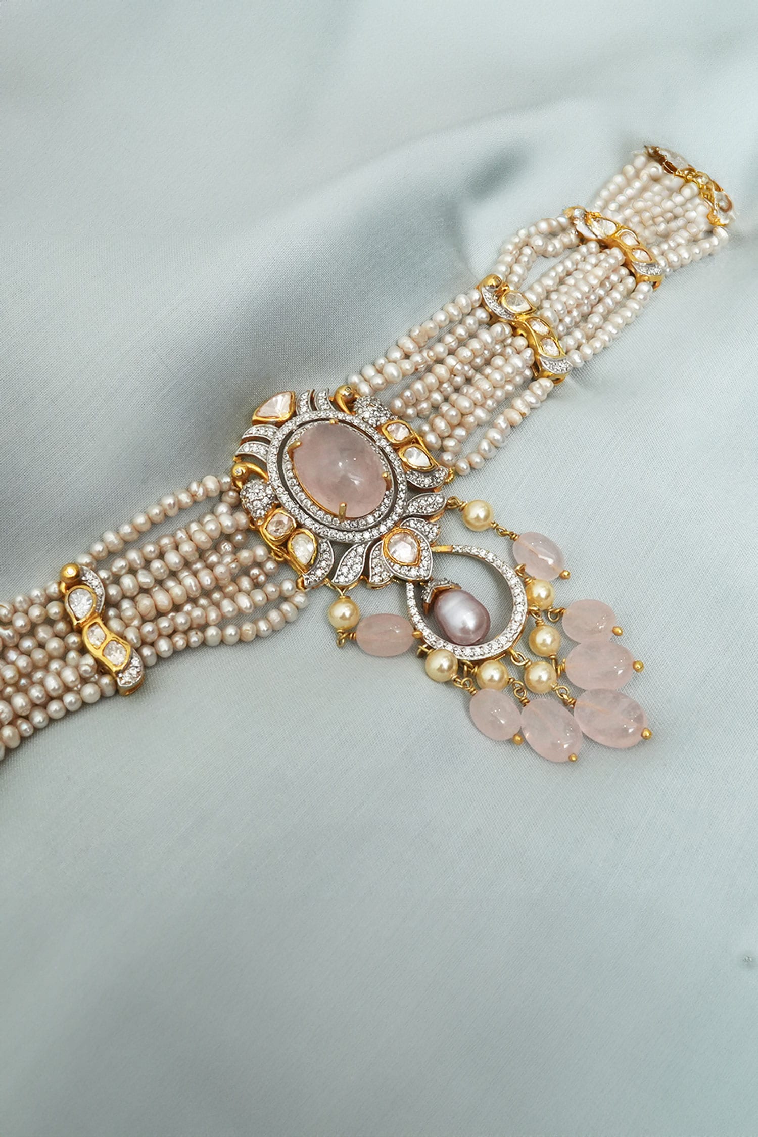 Nasrin Pearl Layered Embellished Pendant Choker Set 