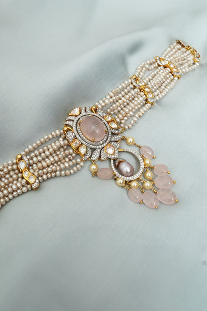 Nasrin Pearl Layered Embellished Pendant Choker Set 