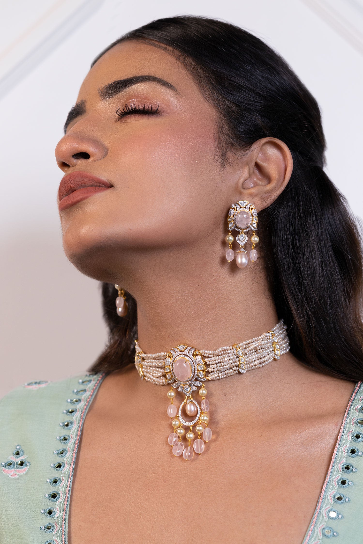 Nasrin Pearl Layered Embellished Pendant Choker Set 