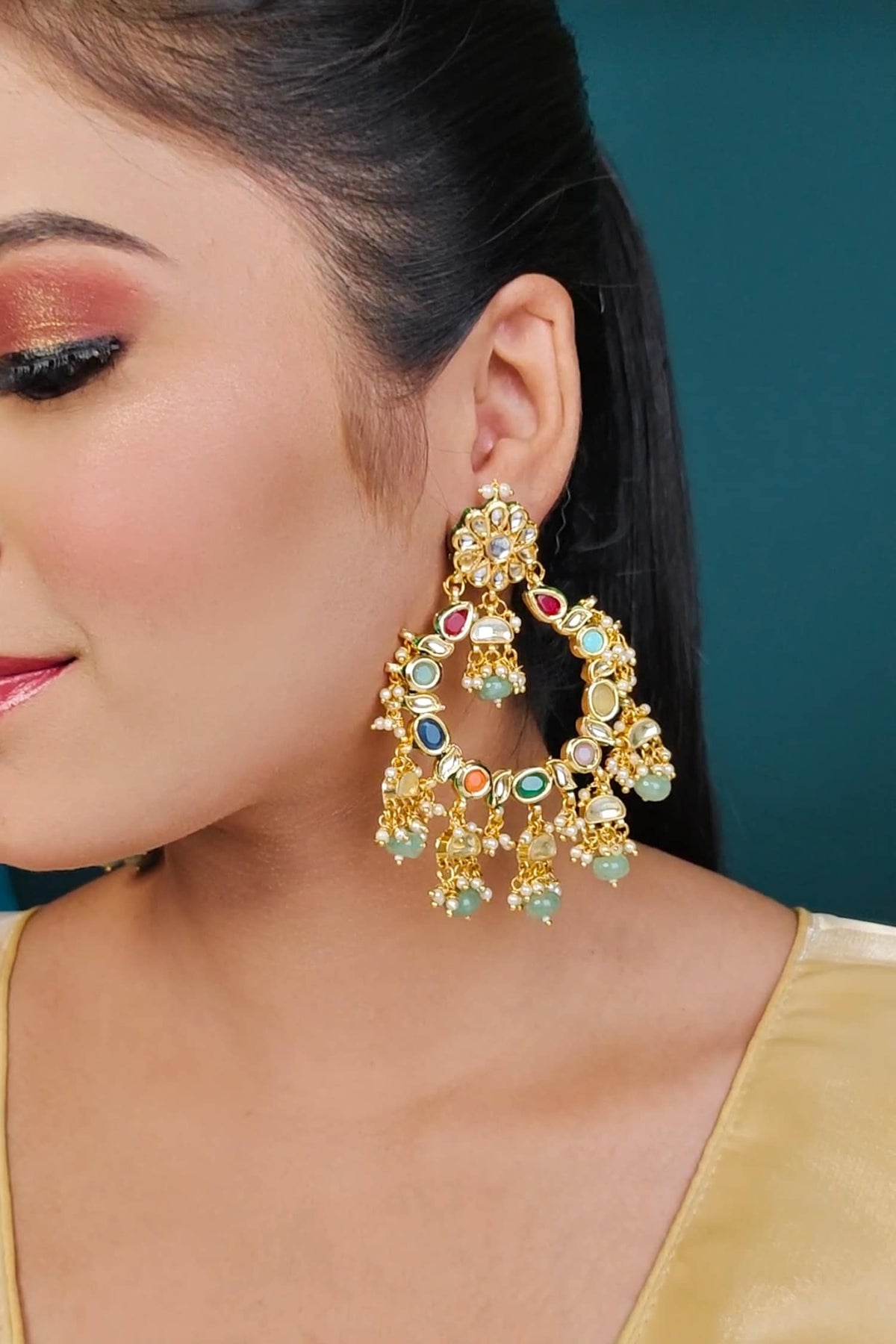 Semi Precious Stone Embellished Chandbali Earrings 