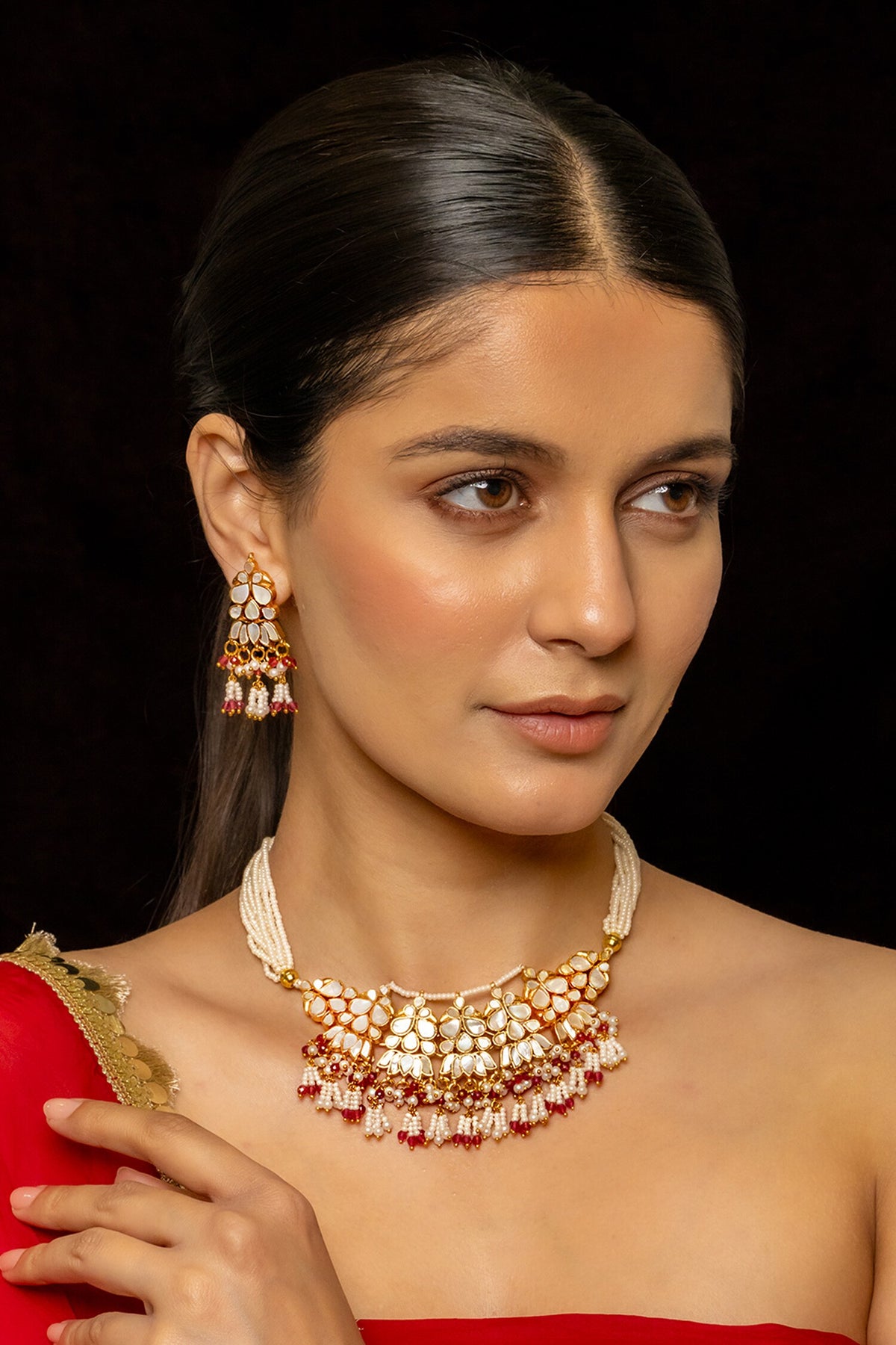 Lotus Carved Kundan Embellished Necklace Set 