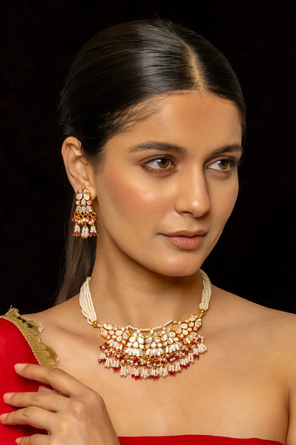 Lotus Carved Kundan Embellished Necklace Set 