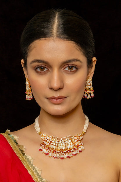 Lotus Carved Kundan Embellished Necklace Set 