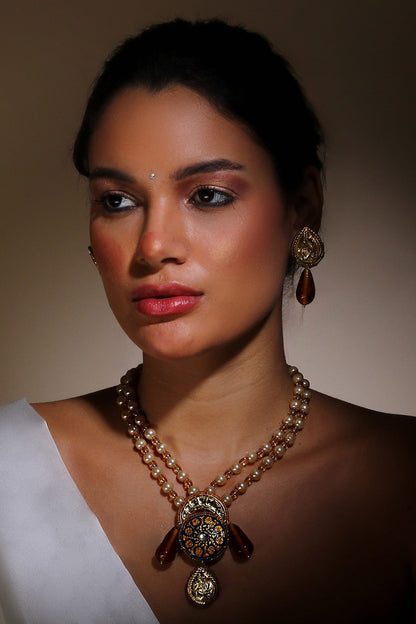 Floral & Chaand Drop Necklace 