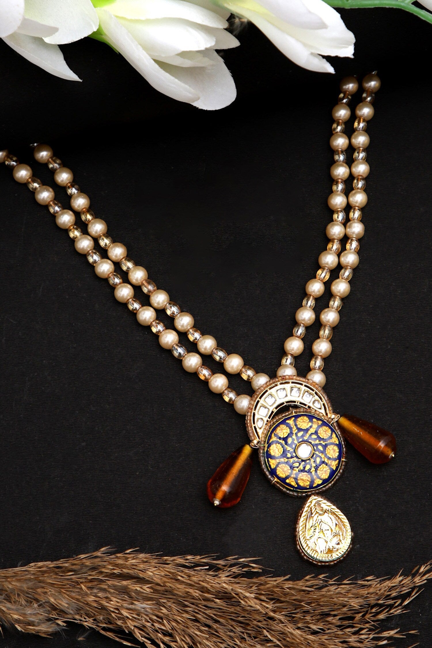 Floral & Chaand Drop Necklace 