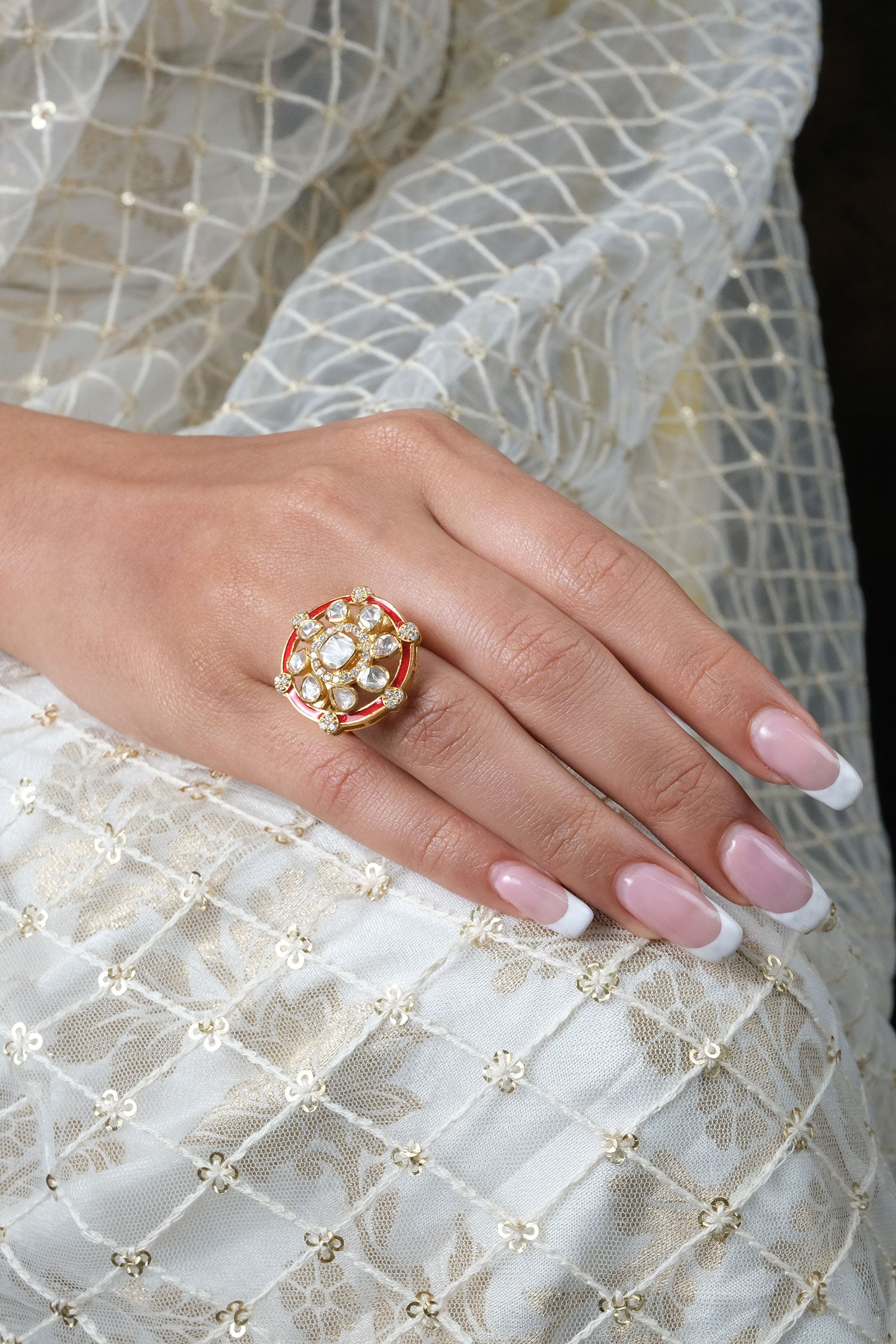 Enamelled Moissanite Polki Embellished Ring 
