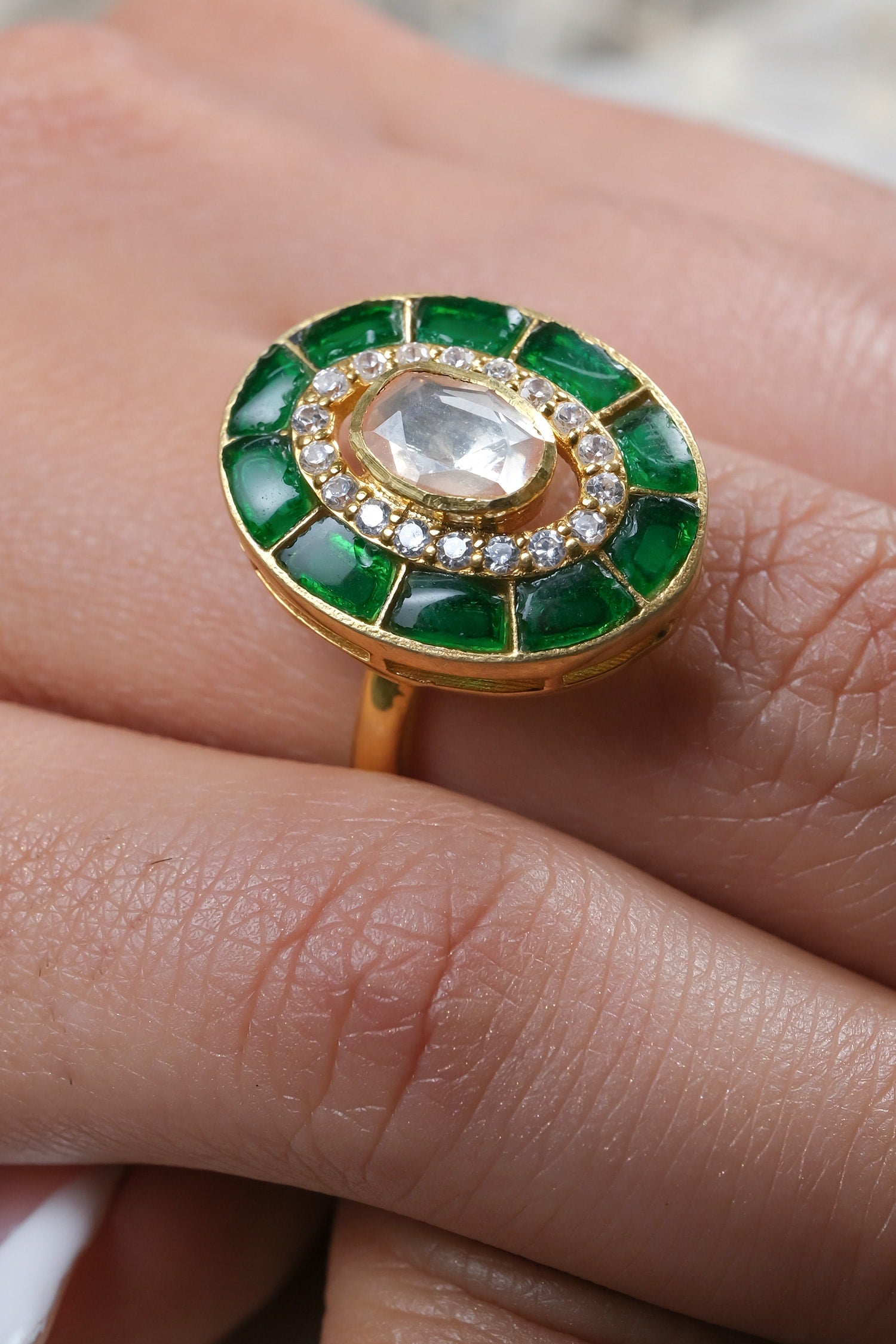 Oval Moissanite Polki Embellished Ring 