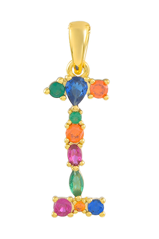 Alphabet I Studded Gemstone Pendant Necklace 