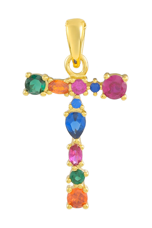 Alphabet T Studded Gemstone Pendant Necklace 