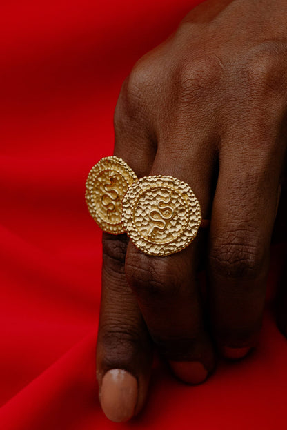 Textured Snake Carved Coin Shaped Ring 