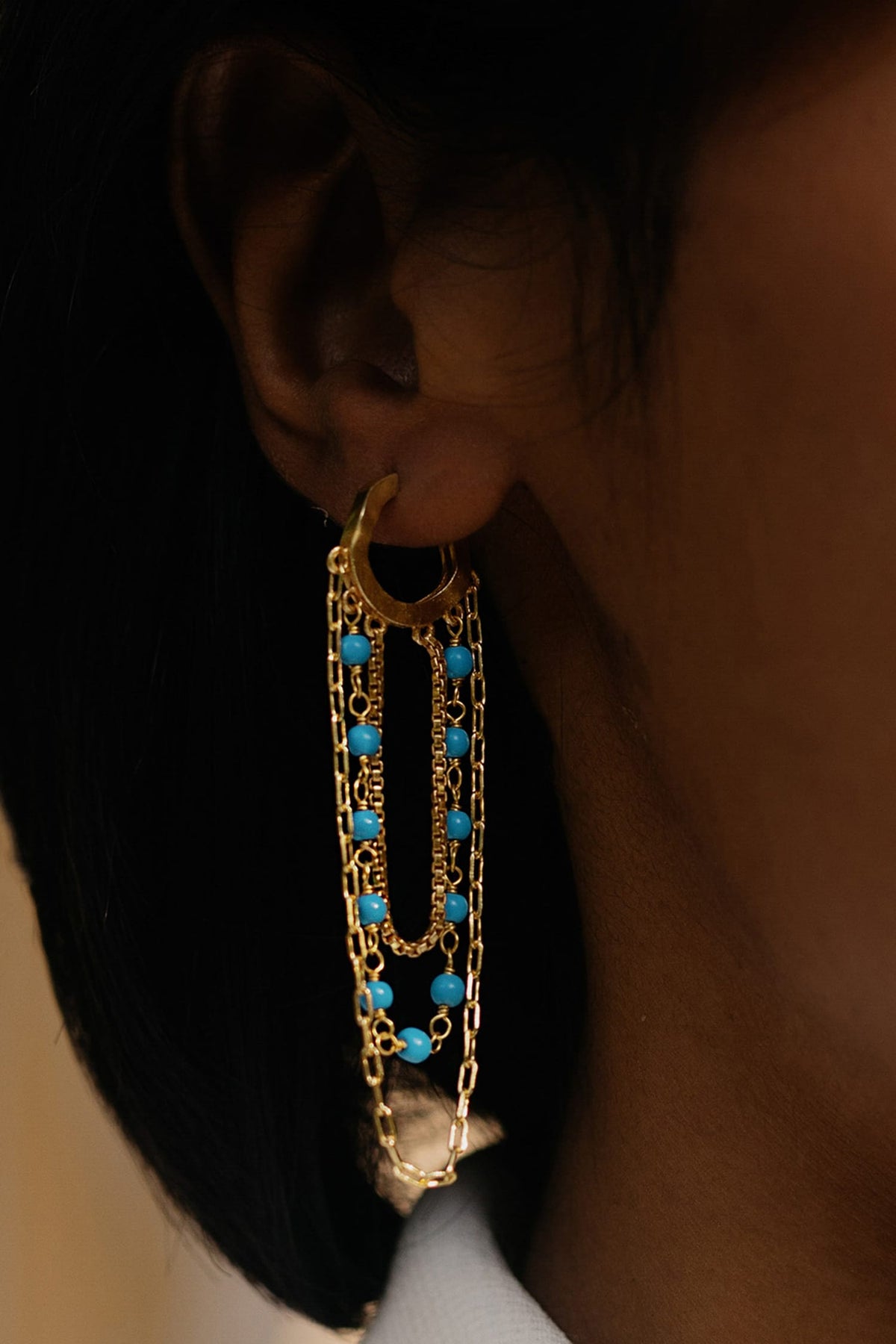 Turquoise Bead Multi-Chain Huggies 
