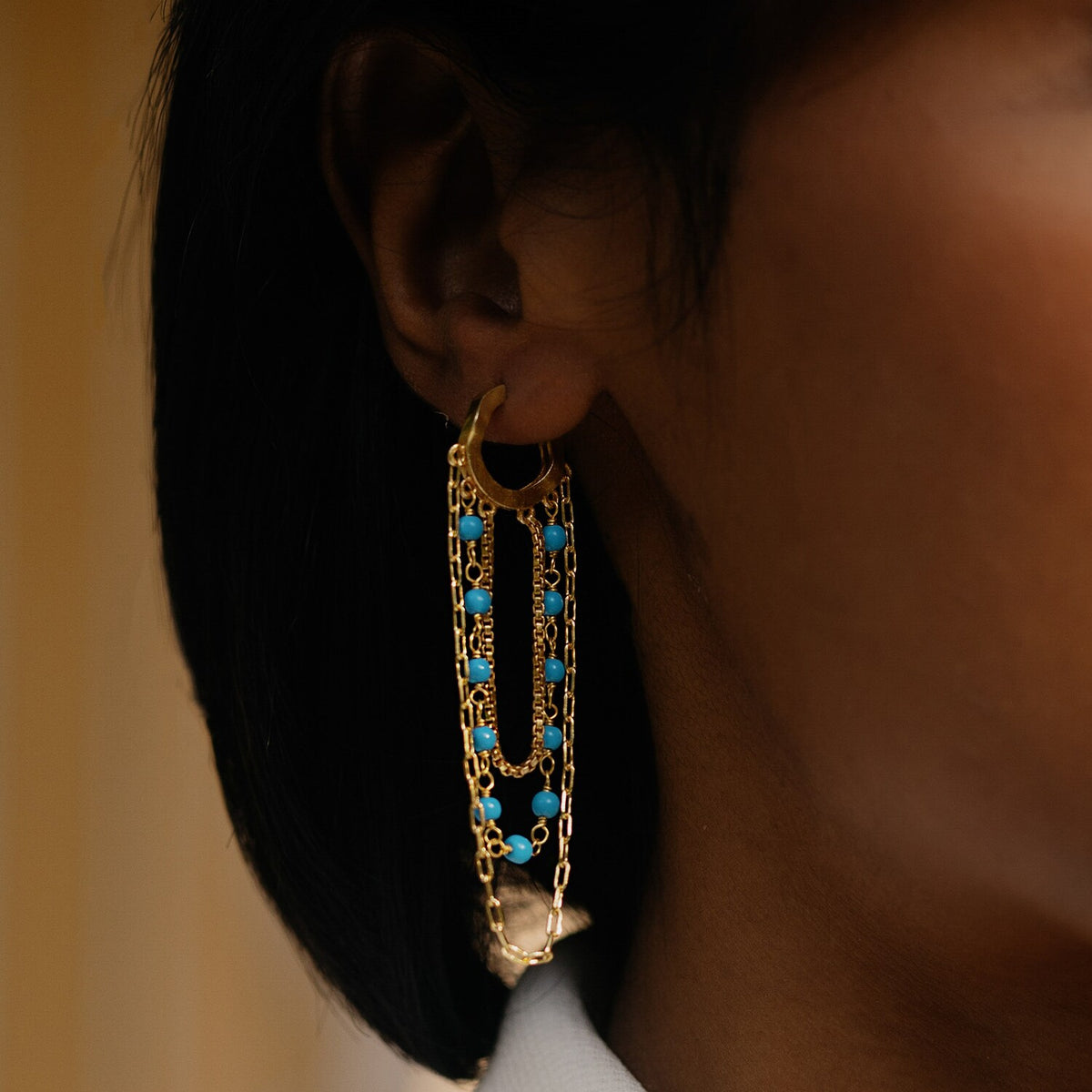 Turquoise Bead Multi-Chain Huggies 