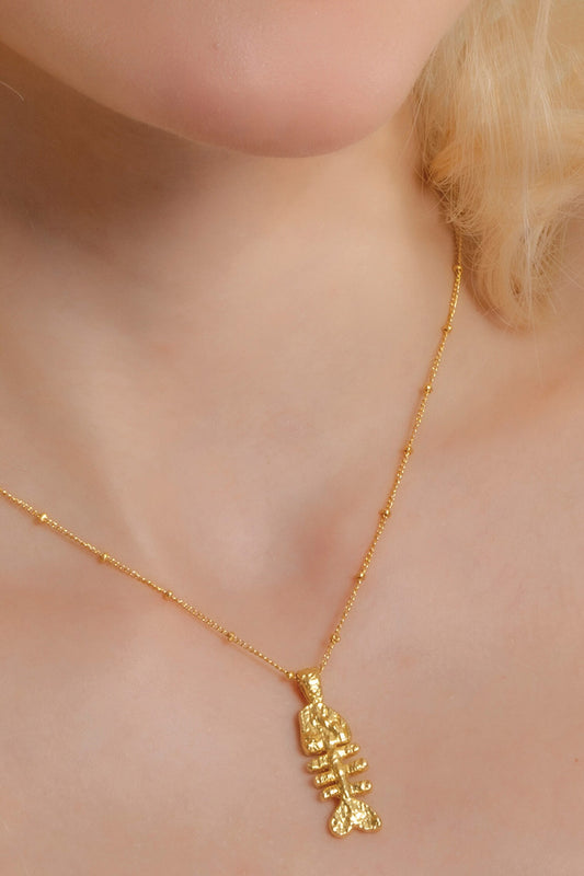 Vintage Fish Bone Carved Pendant Necklace 