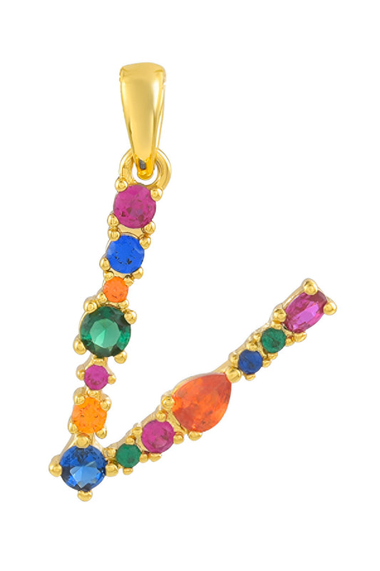 Stone Embellished V Alphabet Pendant Necklace 