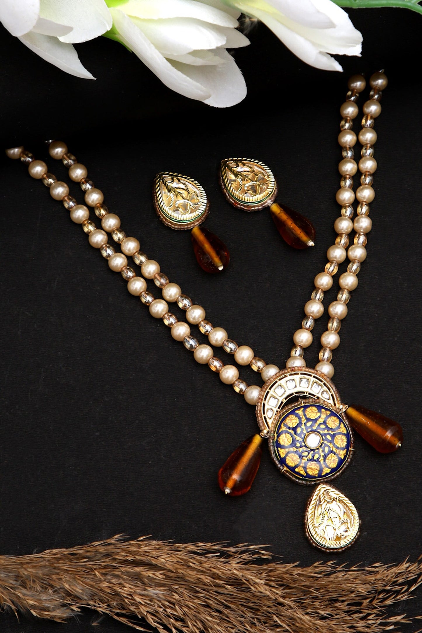 Mandala Amber Stone Embellished Pendant Necklace Set 