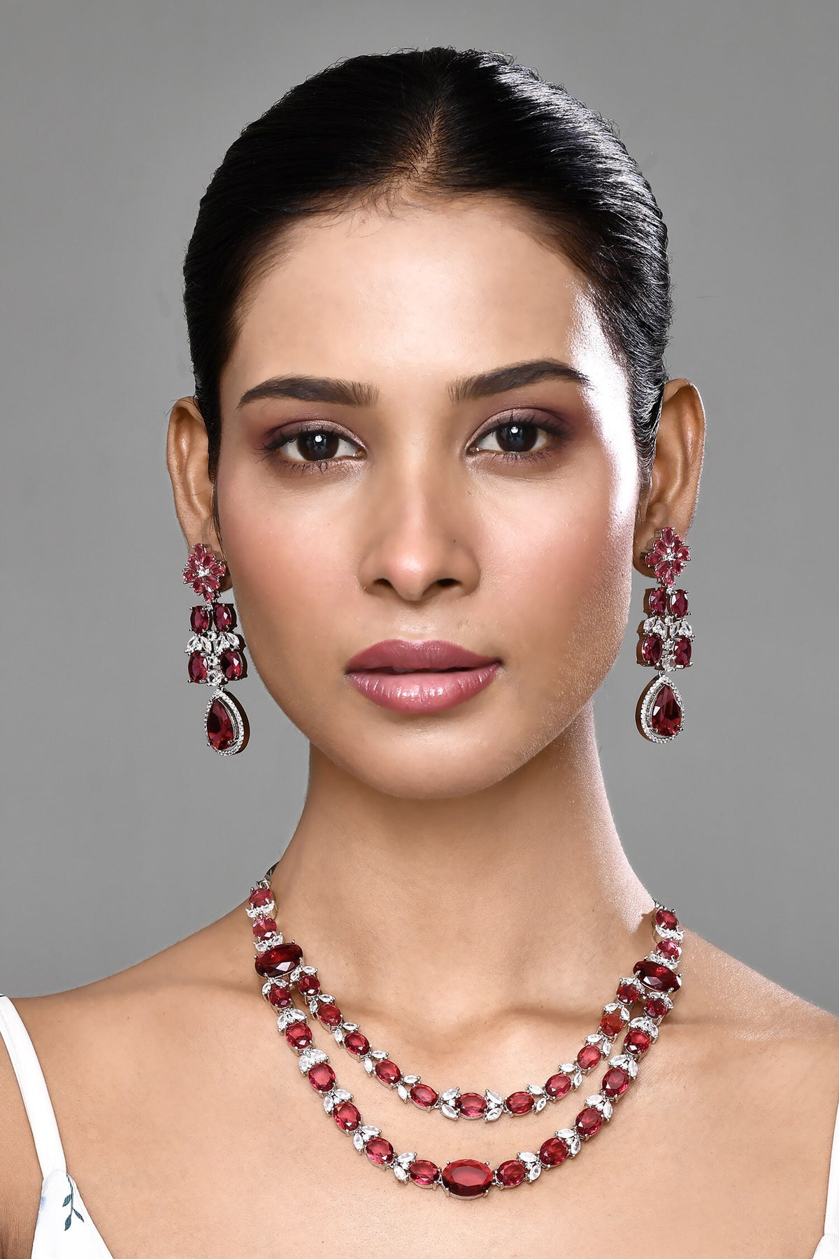 Oval Stone Studded Layered Necklace Set 