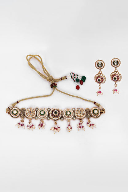 Circular Unit Pearl & Bead Embellished Necklace Set 