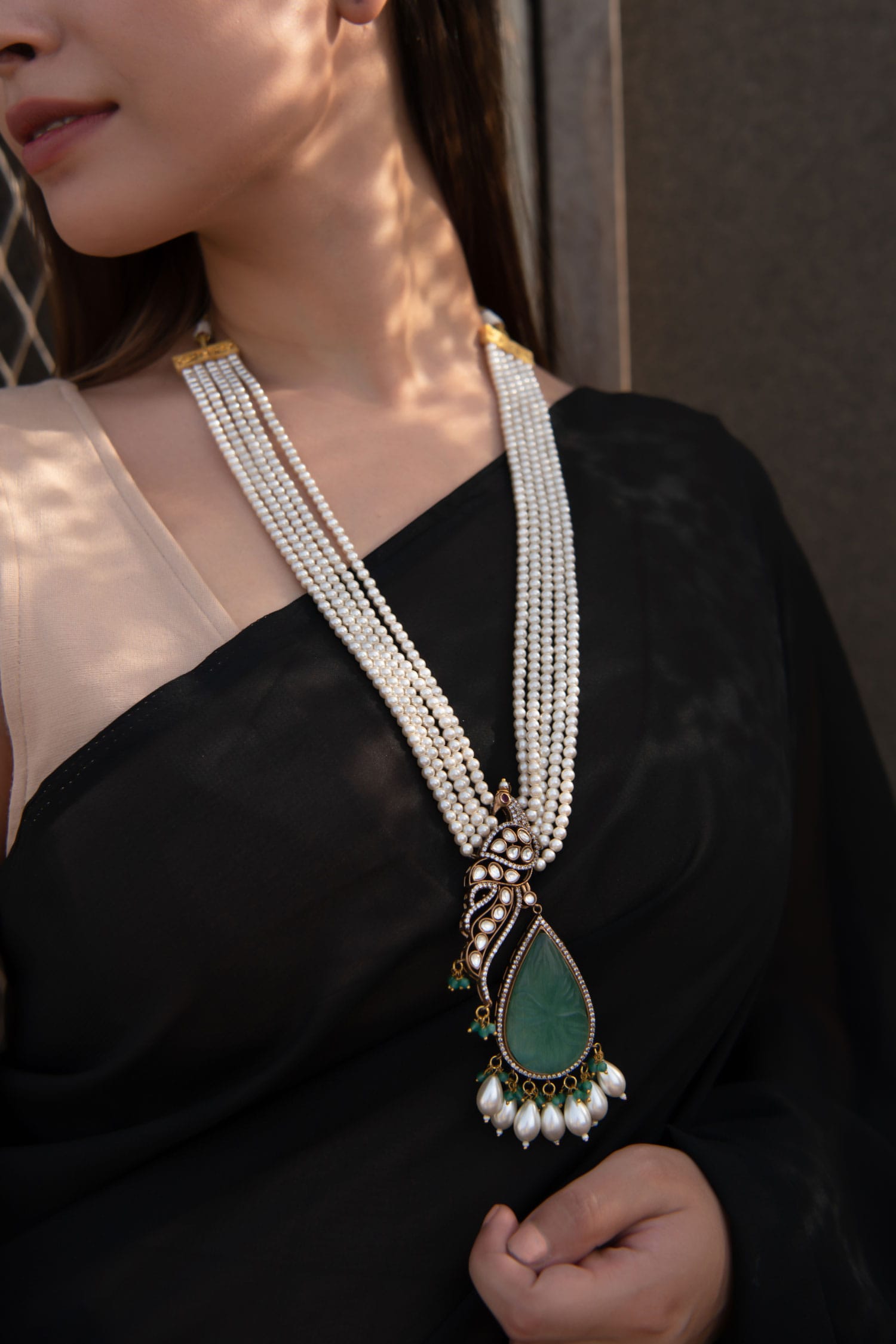 Victorian Peacock Carved Long Necklace 