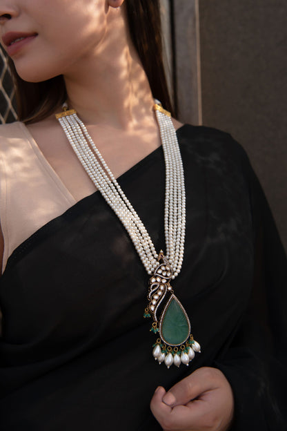 Victorian Peacock Carved Long Necklace 