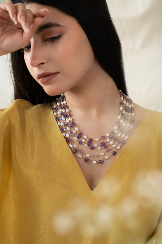 Flourite Stone & Baroque Pearl Embellished Layered Long Necklace 