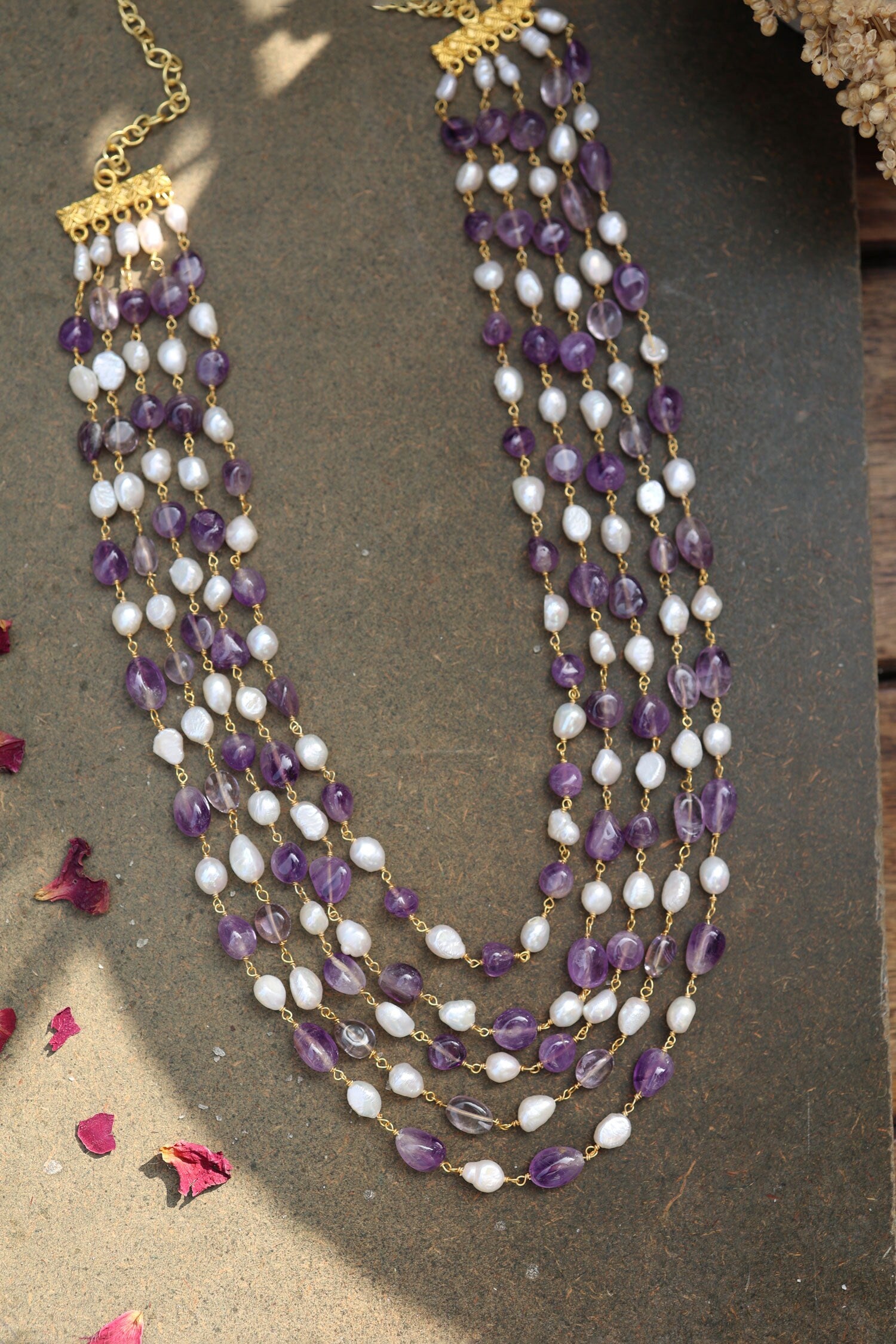 Flourite Stone & Baroque Pearl Embellished Layered Long Necklace 
