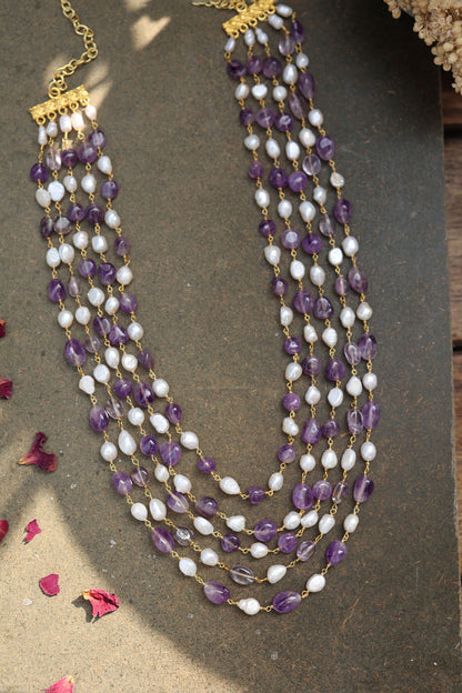Flourite Stone & Baroque Pearl Embellished Layered Long Necklace 