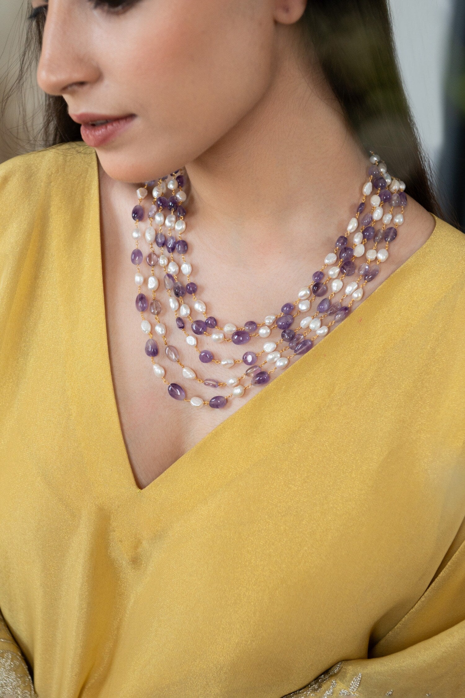 Flourite Stone & Baroque Pearl Embellished Layered Long Necklace 