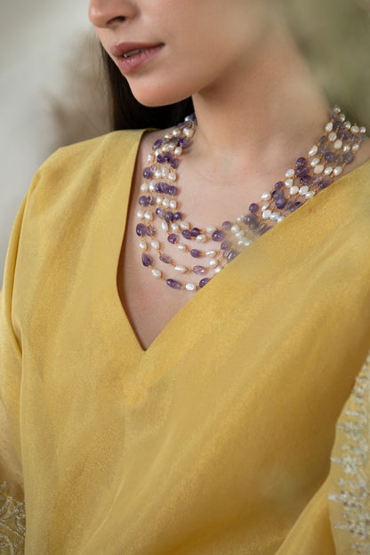 Flourite Stone & Baroque Pearl Embellished Layered Long Necklace 