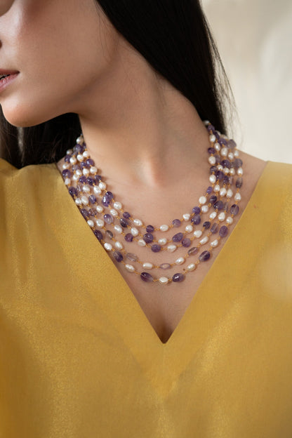 Flourite Stone & Baroque Pearl Embellished Layered Long Necklace 