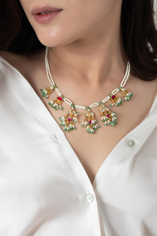 Gul Kundan & Shell Pearl Embellished Necklace 