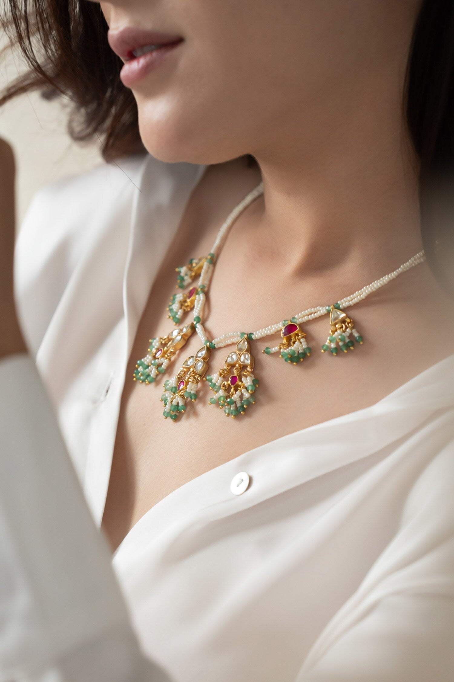 Gul Kundan & Shell Pearl Embellished Necklace 