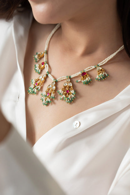 Gul Kundan & Shell Pearl Embellished Necklace 