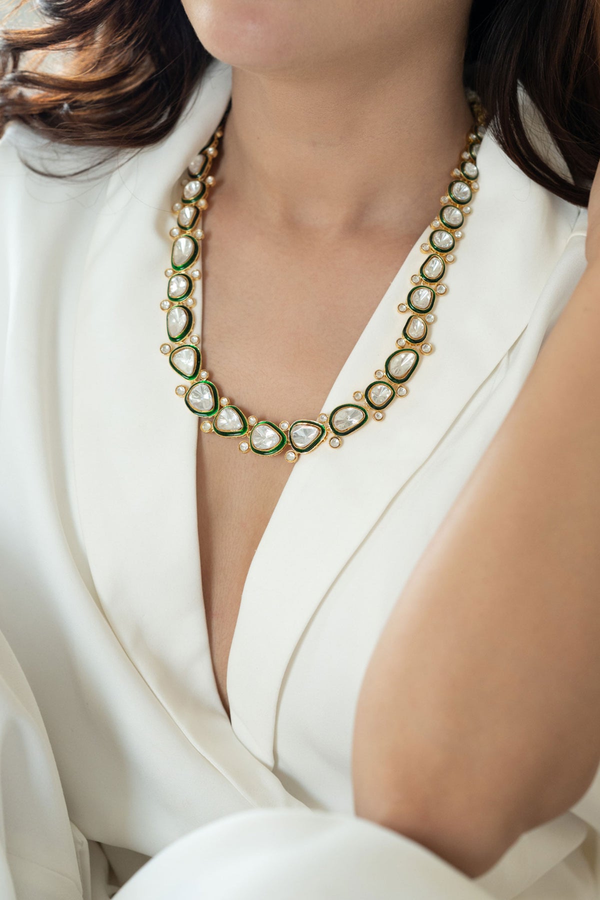 Glimmering Enamelled Polki Necklace Set 
