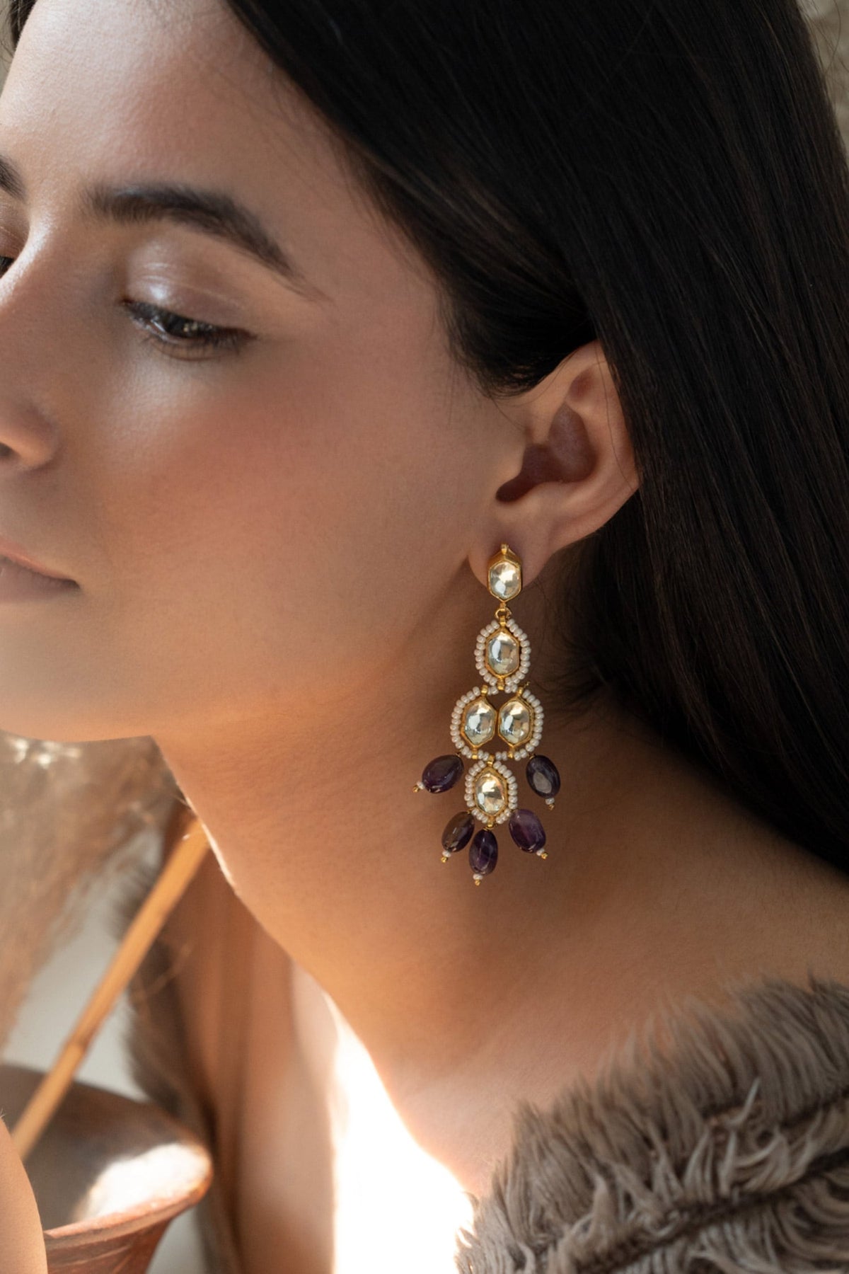 Kundan & Amethyst Stone Embellished Earrings 