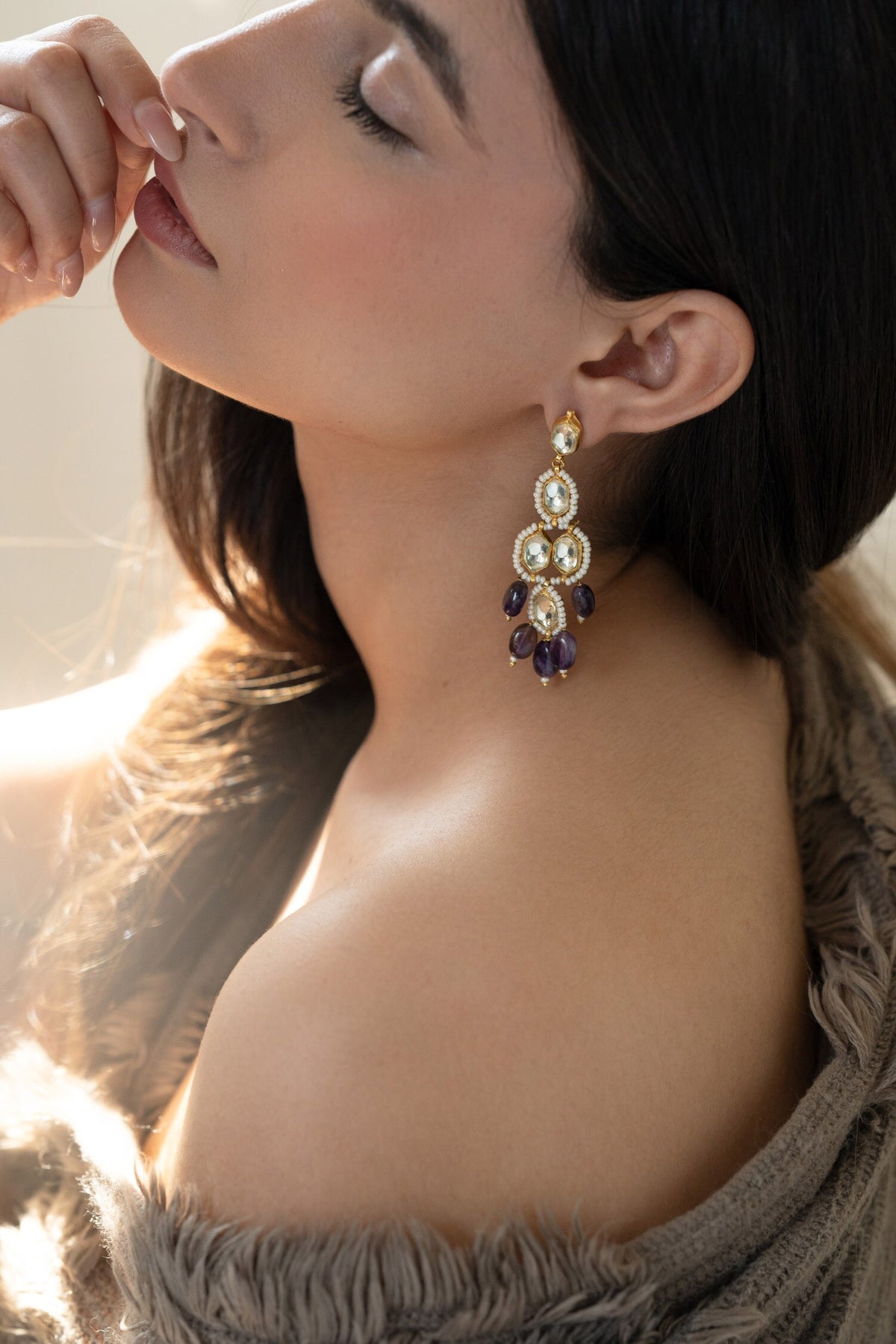 Kundan & Amethyst Stone Embellished Earrings 