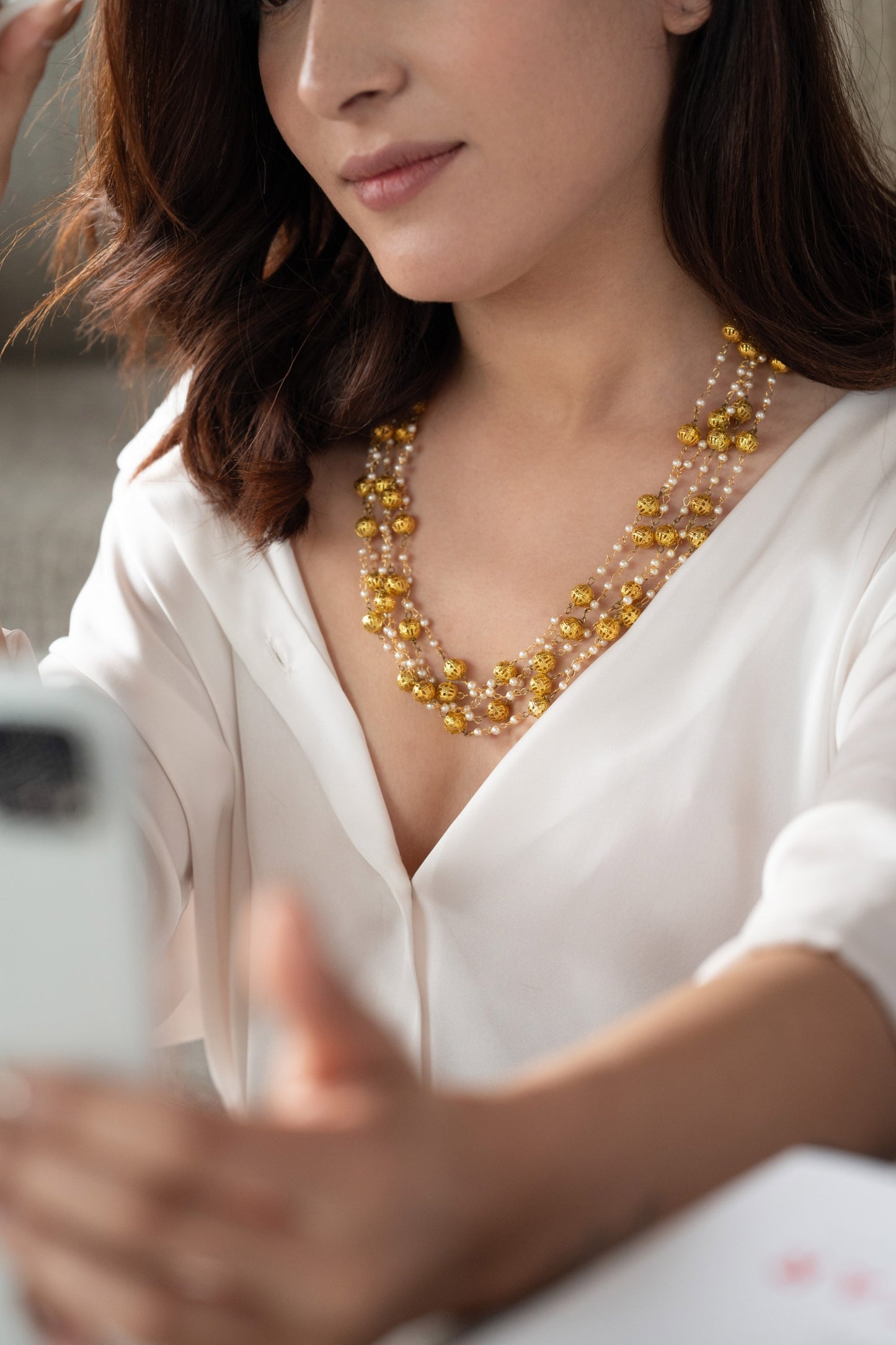 Embossed Balls Multi Strand Necklace 