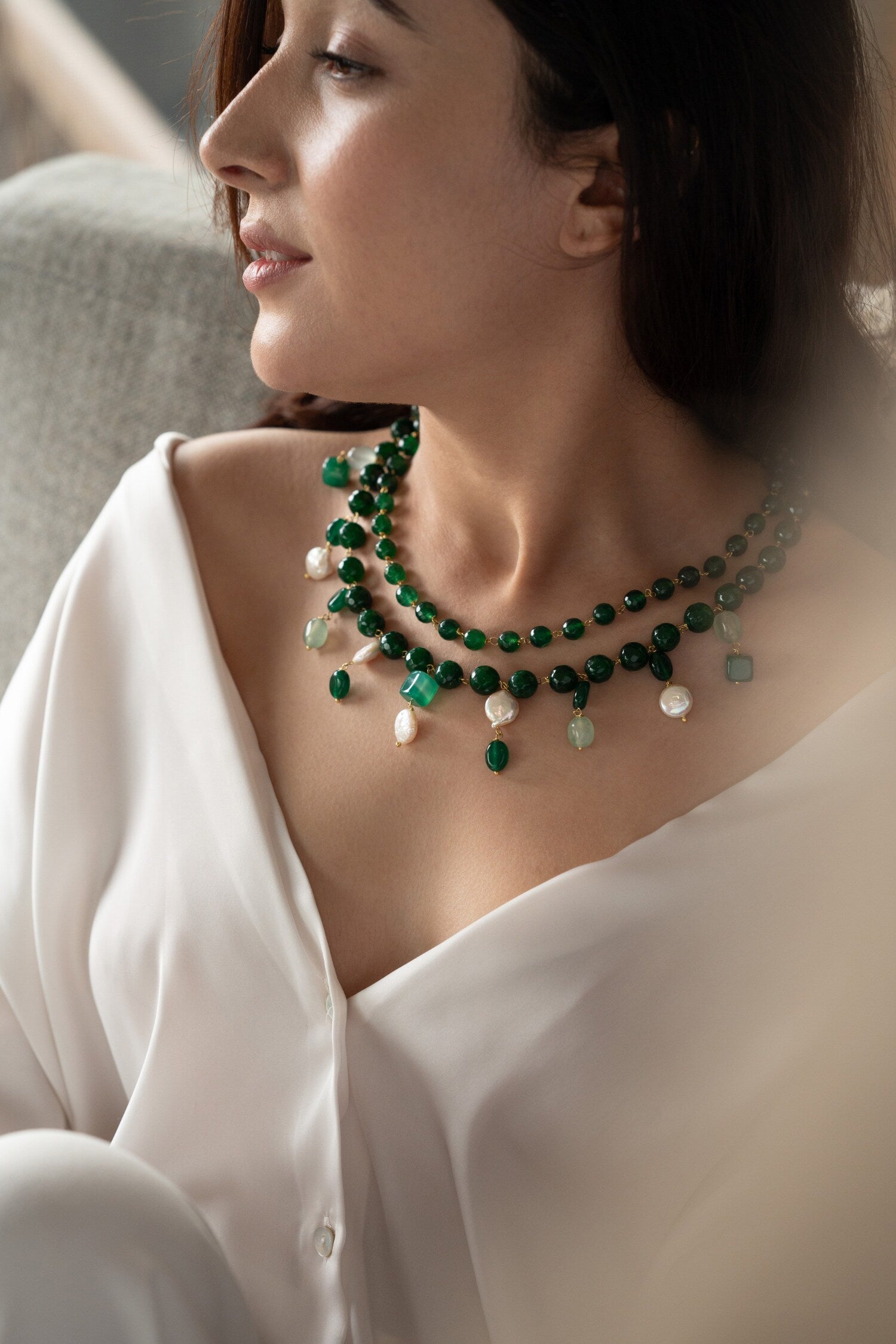 Natural Stone & Baroque Pearl Embellished Necklace 