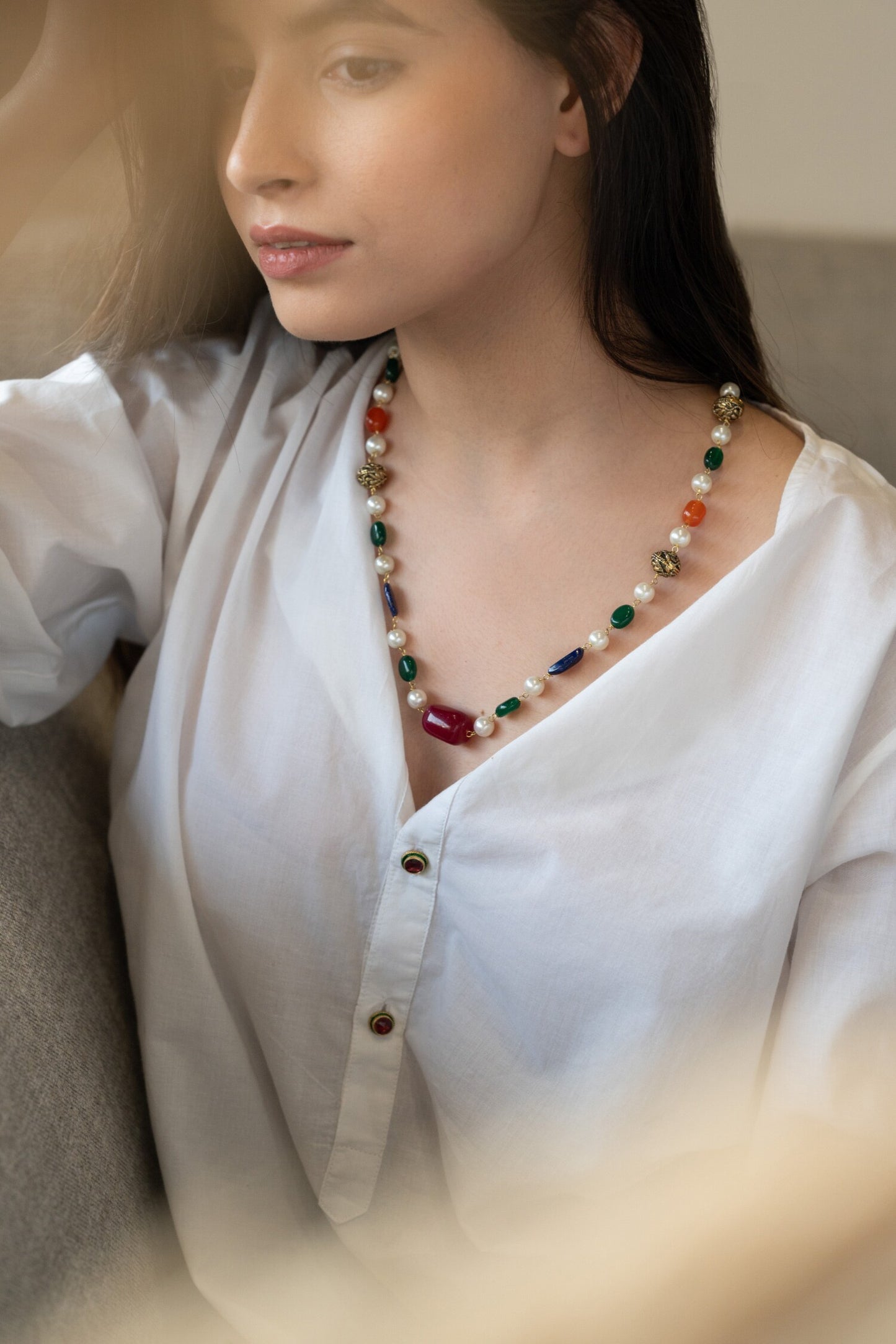Semi Precious Stone Embellished String Necklace 